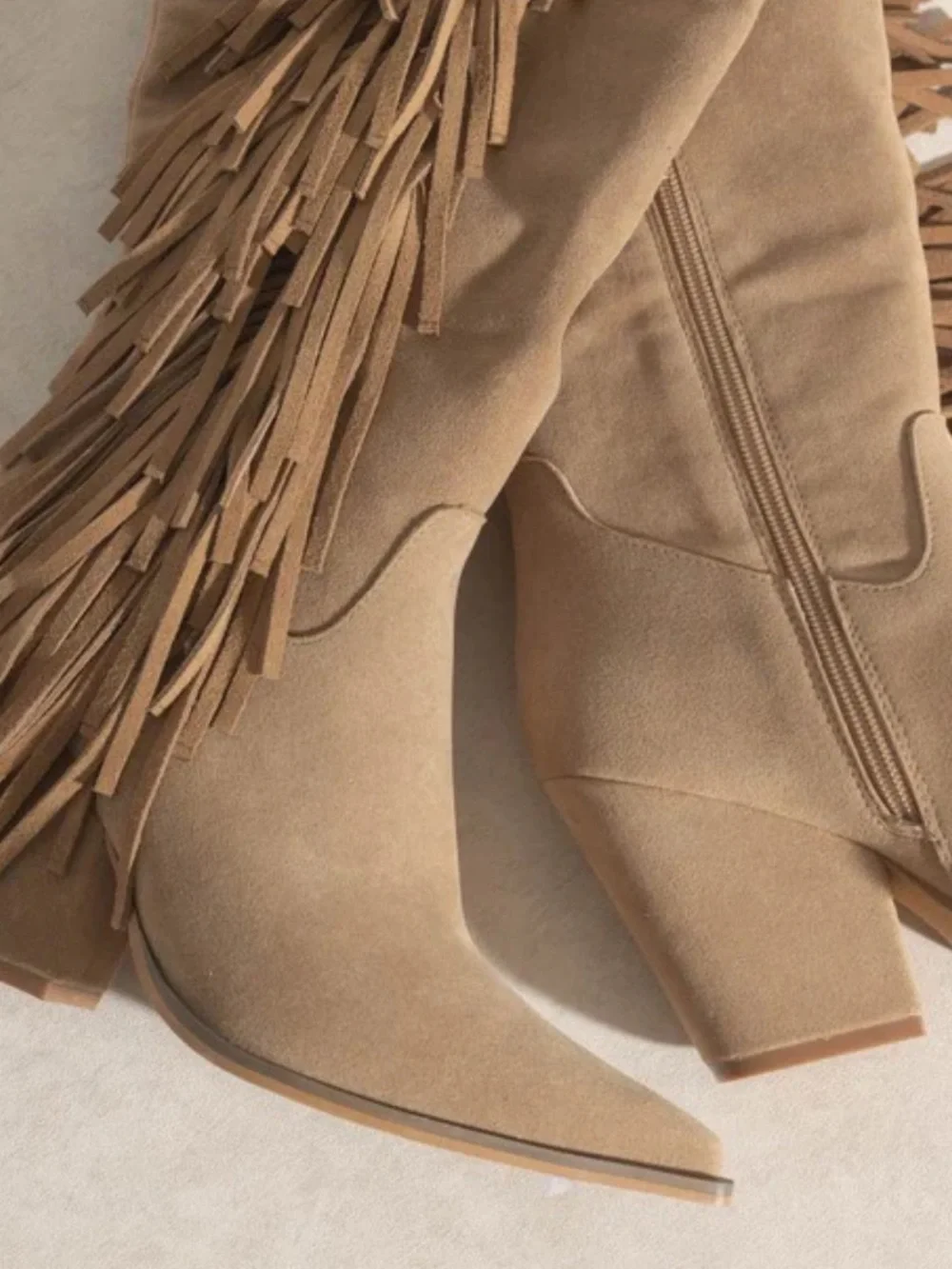Fringe Tall Suede Boots in Taupe - Women